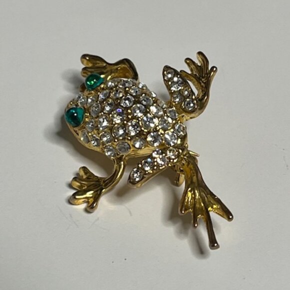Clear Green Rhinestones Gold Tone Leaping Frog Brooch Pin 1.25" - Picture 5 of 14